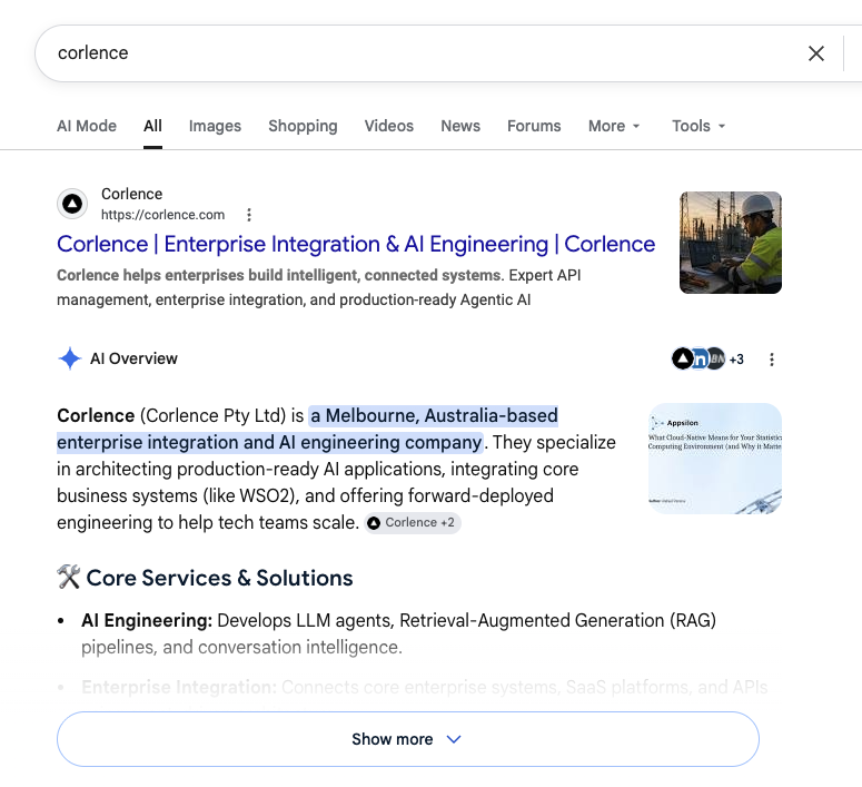 Branded search — Google's AI Overview for "corlence" describes the company directly from Corlence's own site content: "a Melbourne, Australia-based enterprise integration and AI engineering company," with a structured breakdown of their core services.