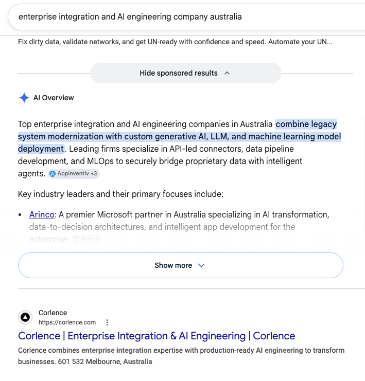 Non-branded search — for "enterprise integration and AI engineering company Australia," Corlence ranks organically directly under the AI Overview, with a clean, accurate meta description pulled straight from the page.